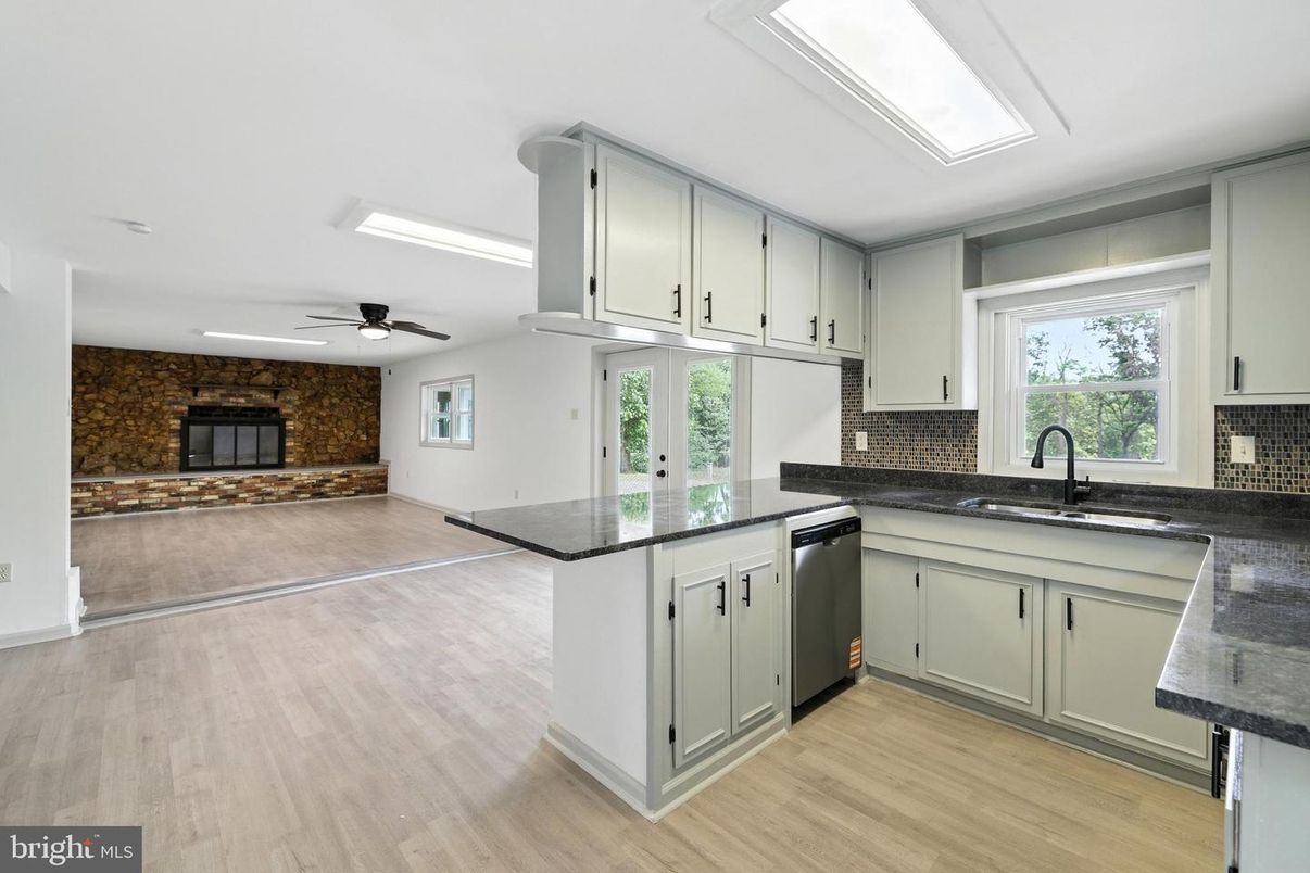 Fireplace, Interior, Kitchen, Stone Walls, Wood Texture Flooring