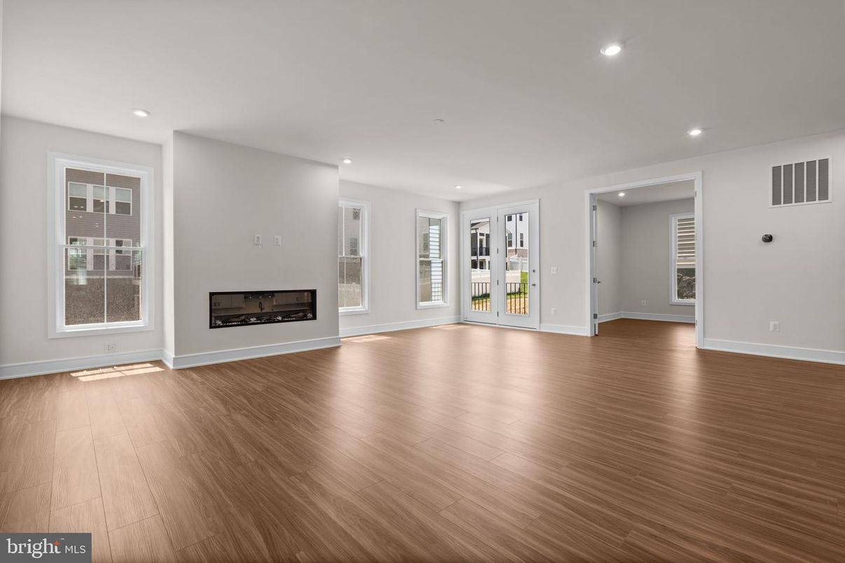 Empty room, Fireplace, Interior, Recessed Lighting, Wood Texture Flooring