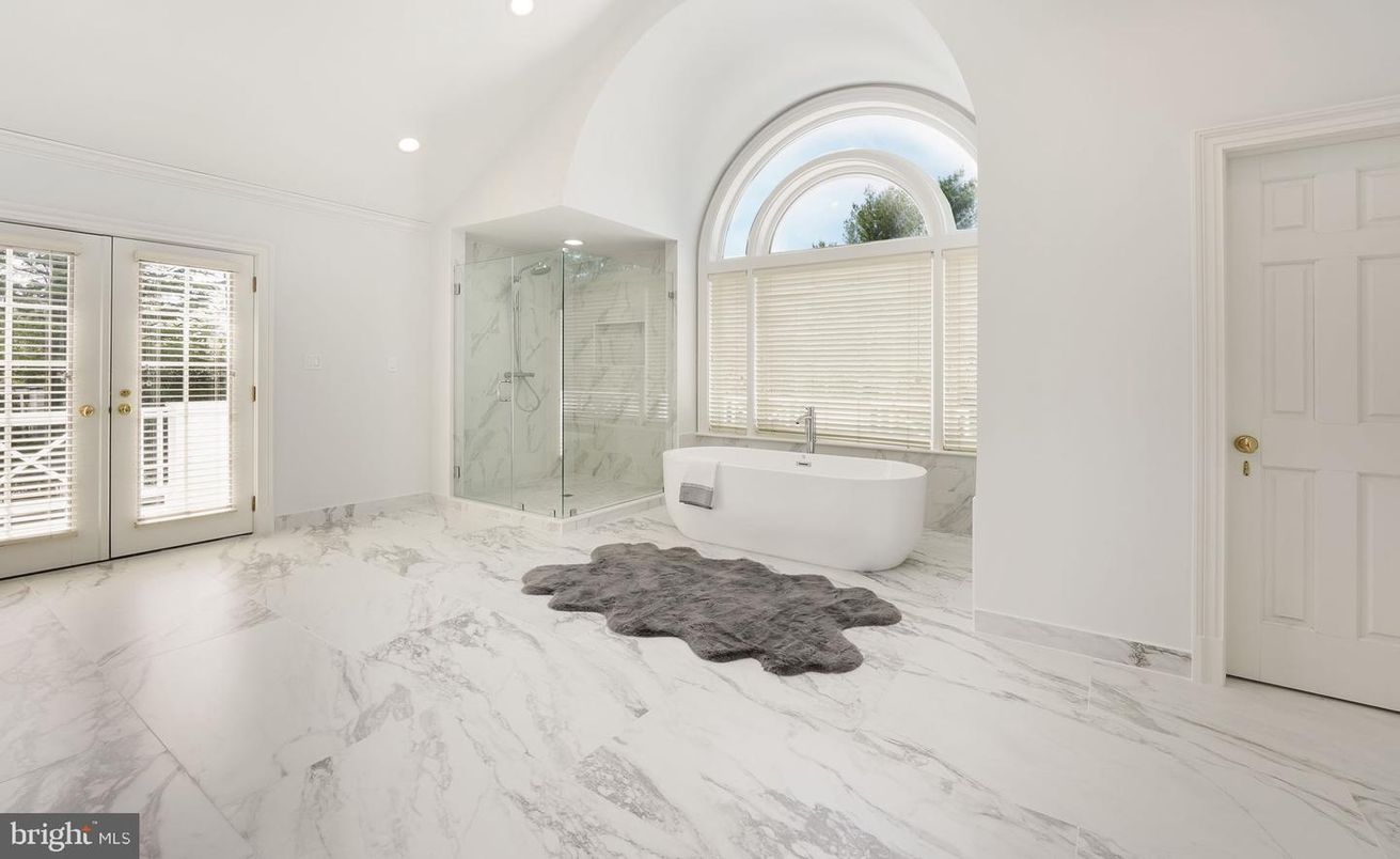 Bathroom, Free Standing Baths, Glass Shower, Interior, Marble, Marble Walls, Recessed Lighting
