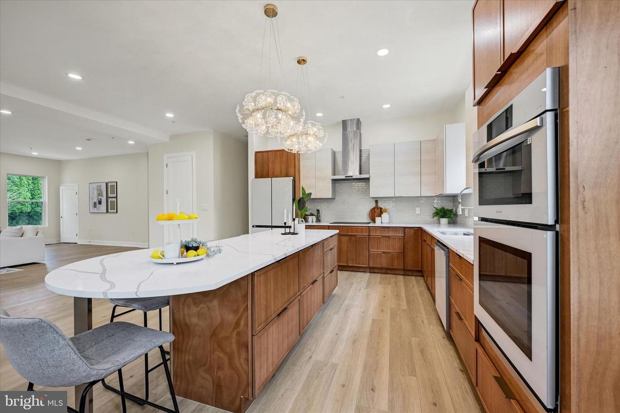Interior, Kitchen, Pendant Lights, Recessed Lighting, Stainless Steel Appliances, Wood Texture Flooring