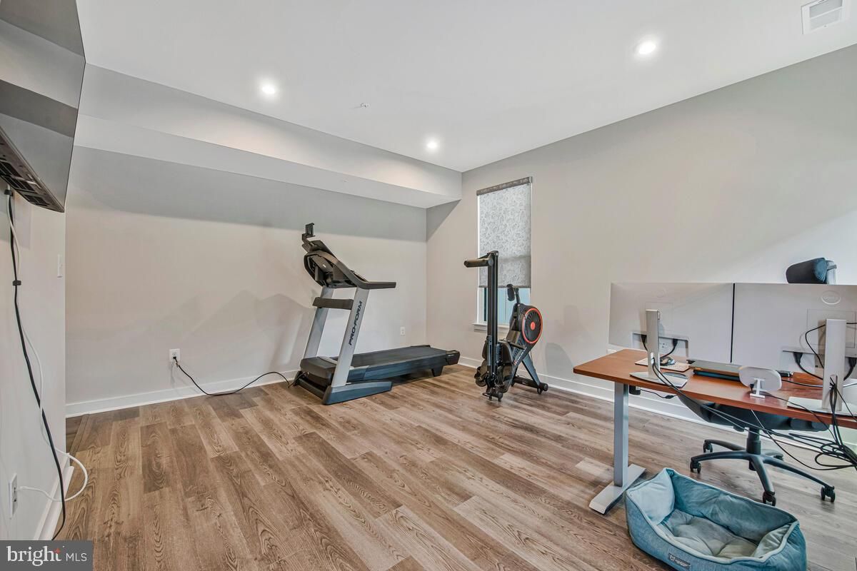 Fitness Equipment, Home Office, Interior, Recessed Lighting, Wood Texture Flooring