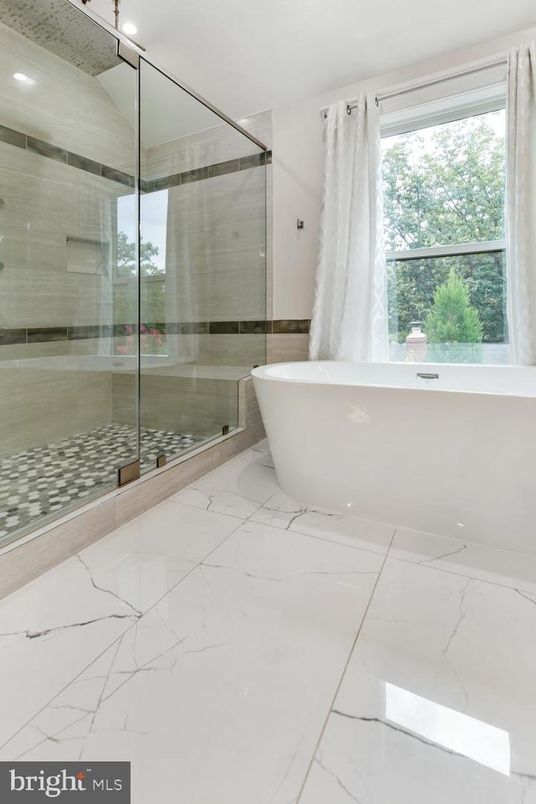 Bathroom, Free Standing Baths, Glass Shower, Interior, Marble, Recessed Lighting