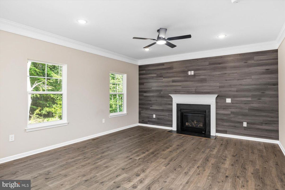 Empty room, Fireplace, Interior, Recessed Lighting, Wood Texture Flooring, Wooden Walls