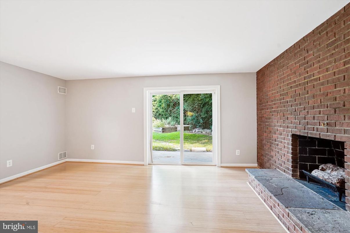 Empty room, Fireplace, Interior, Stone Walls, Wood Texture Flooring
