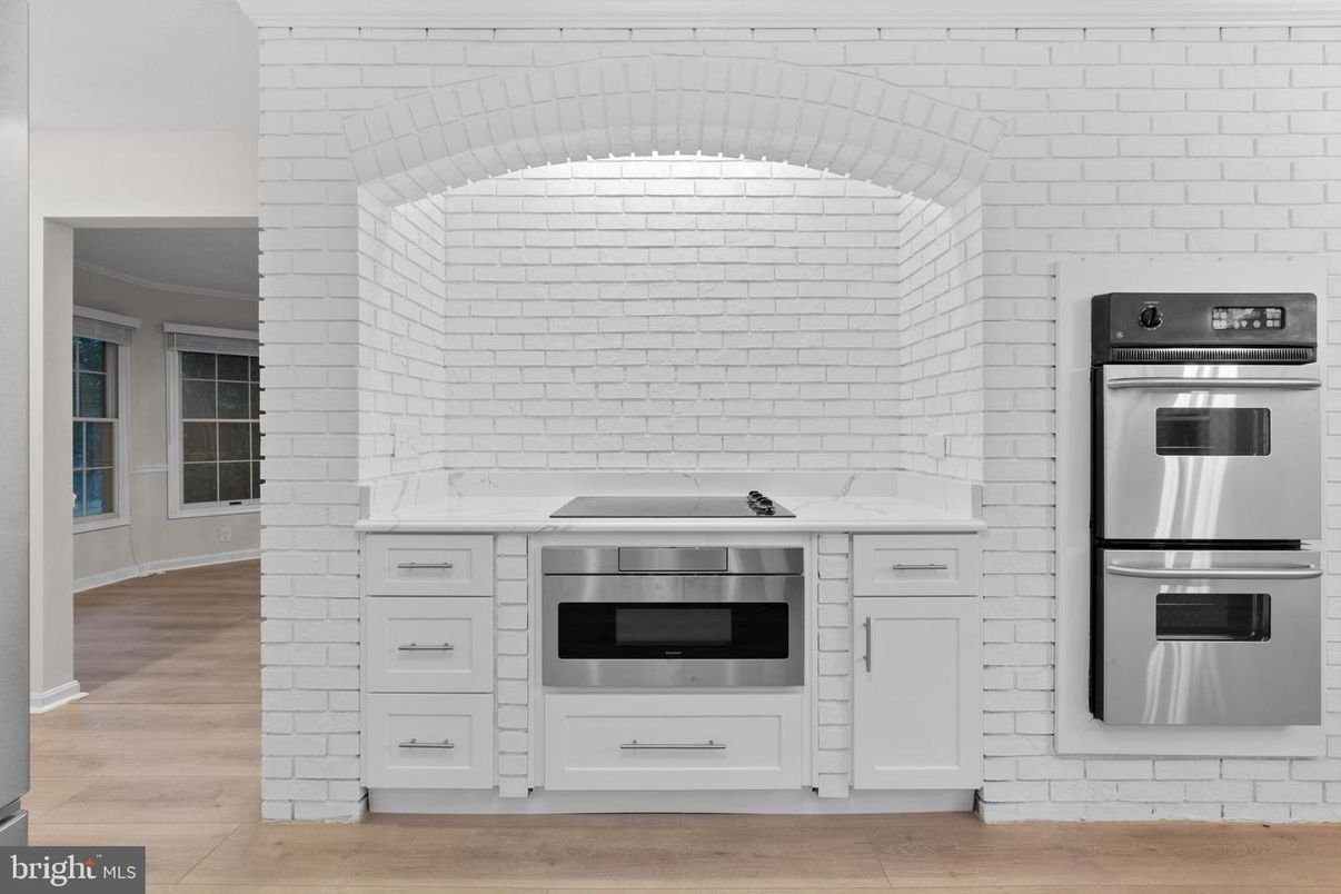 Interior, Kitchen, Stainless Steel Appliances, Stone Walls, Wood Texture Flooring