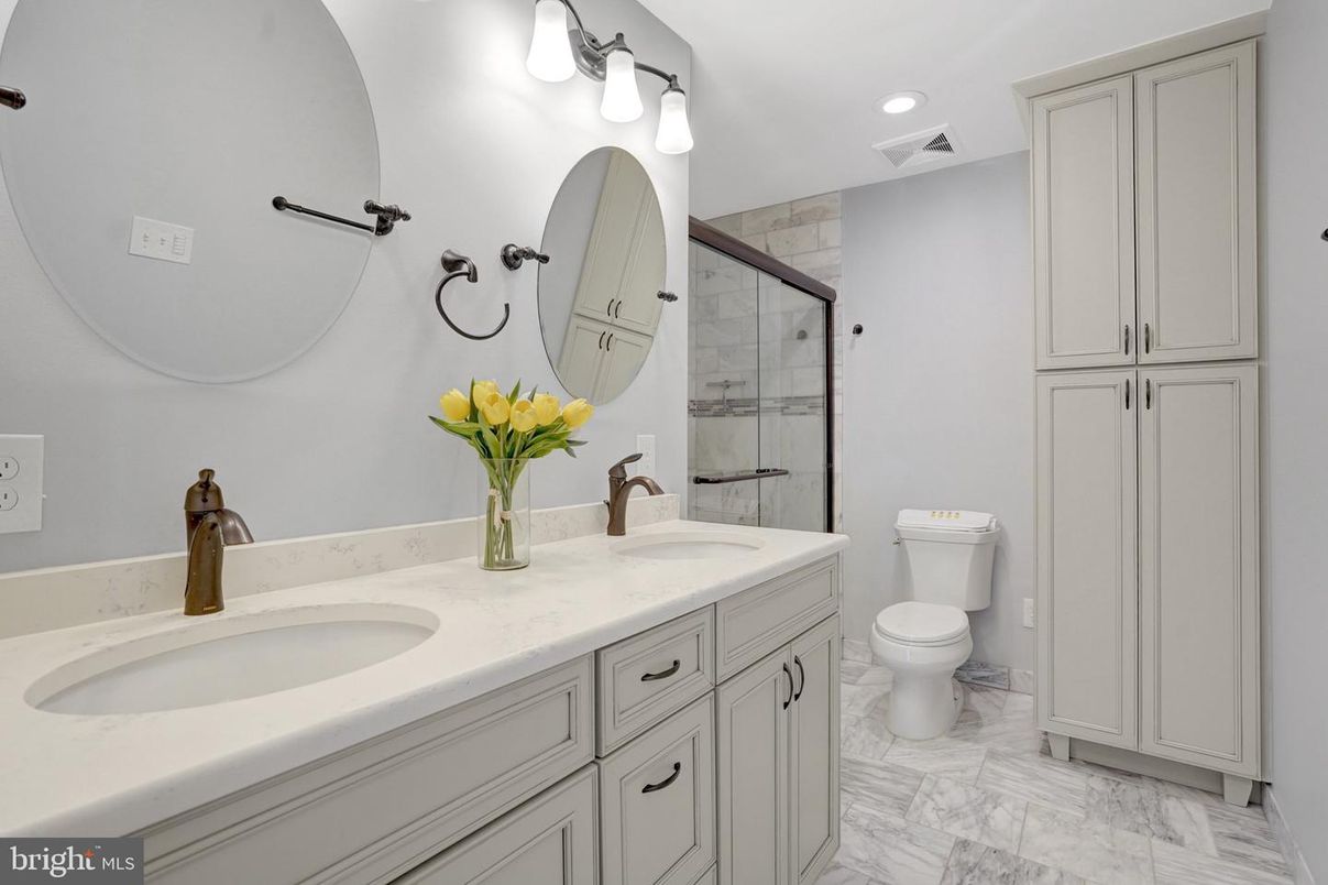 Bathroom, Dual Sink Vanities, Glass Shower, Interior, Marble, Recessed Lighting