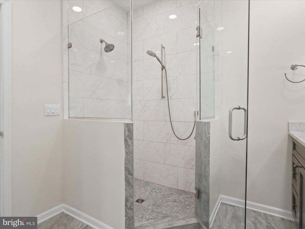 Bathroom, Glass Shower, Interior, Marble Walls, Recessed Lighting