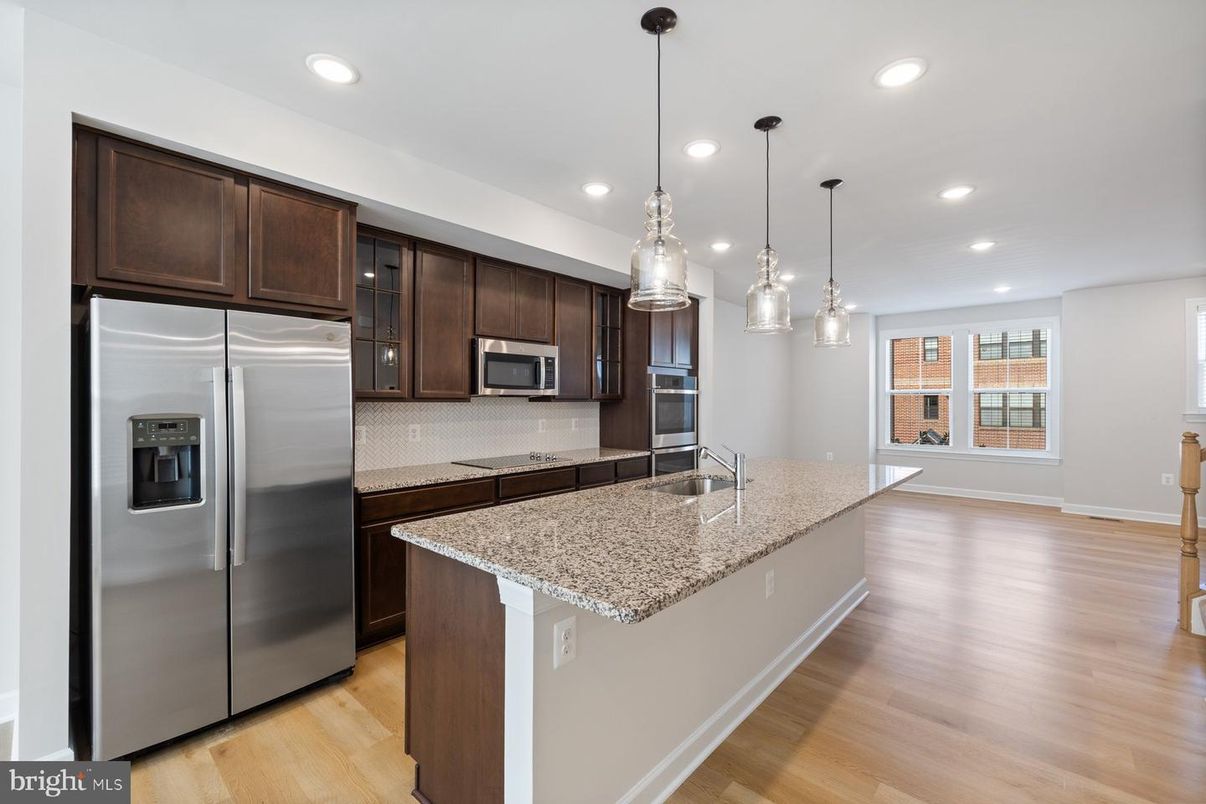 Interior, Kitchen, Pendant Lights, Recessed Lighting, Stainless Steel Appliances, Wood Texture Flooring