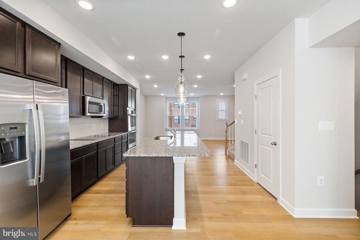 Interior, Kitchen, Pendant Lights, Recessed Lighting, Stainless Steel Appliances, Wood Texture Flooring