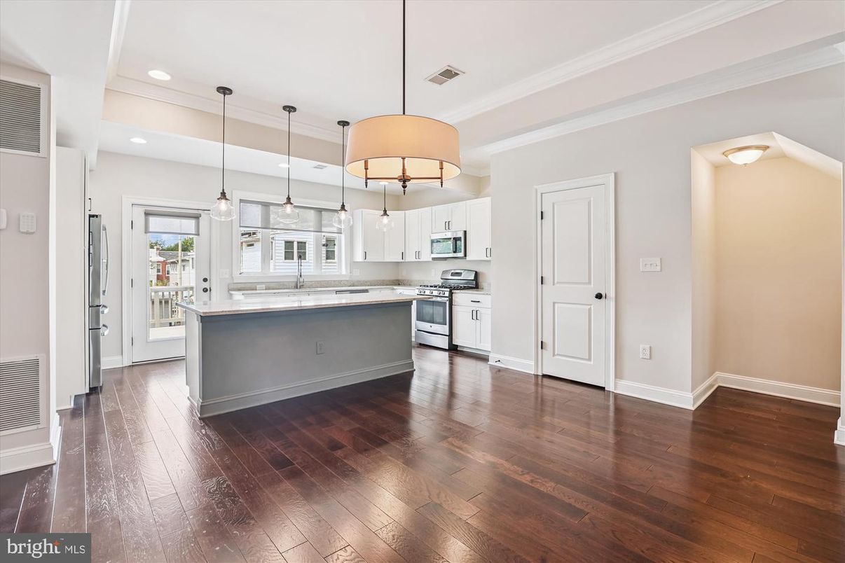 Interior, Kitchen, Pendant Lights, Recessed Lighting, Stainless Steel Appliances, Wood Texture Flooring