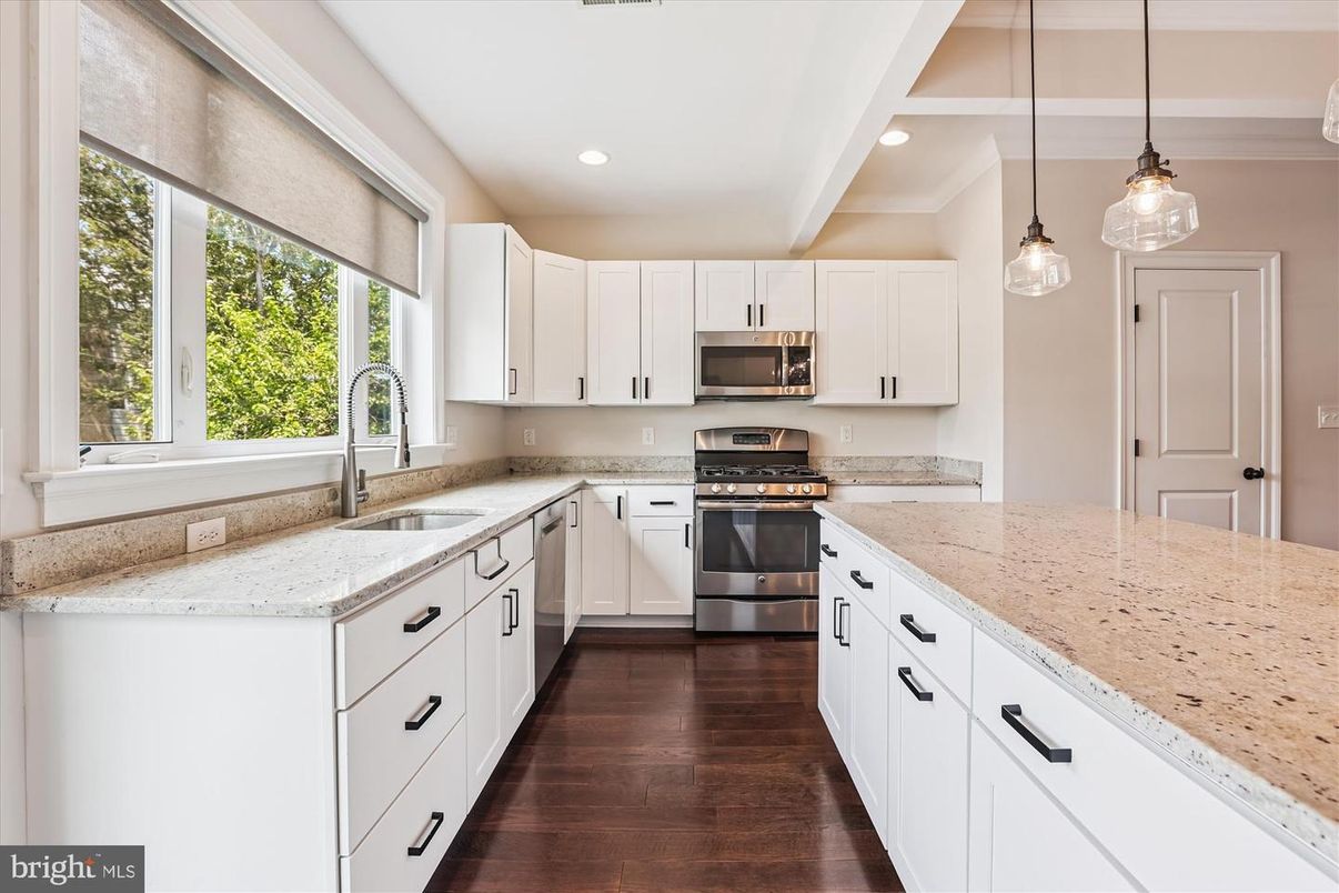 Interior, Kitchen, Pendant Lights, Recessed Lighting, Stainless Steel Appliances, Wood Texture Flooring