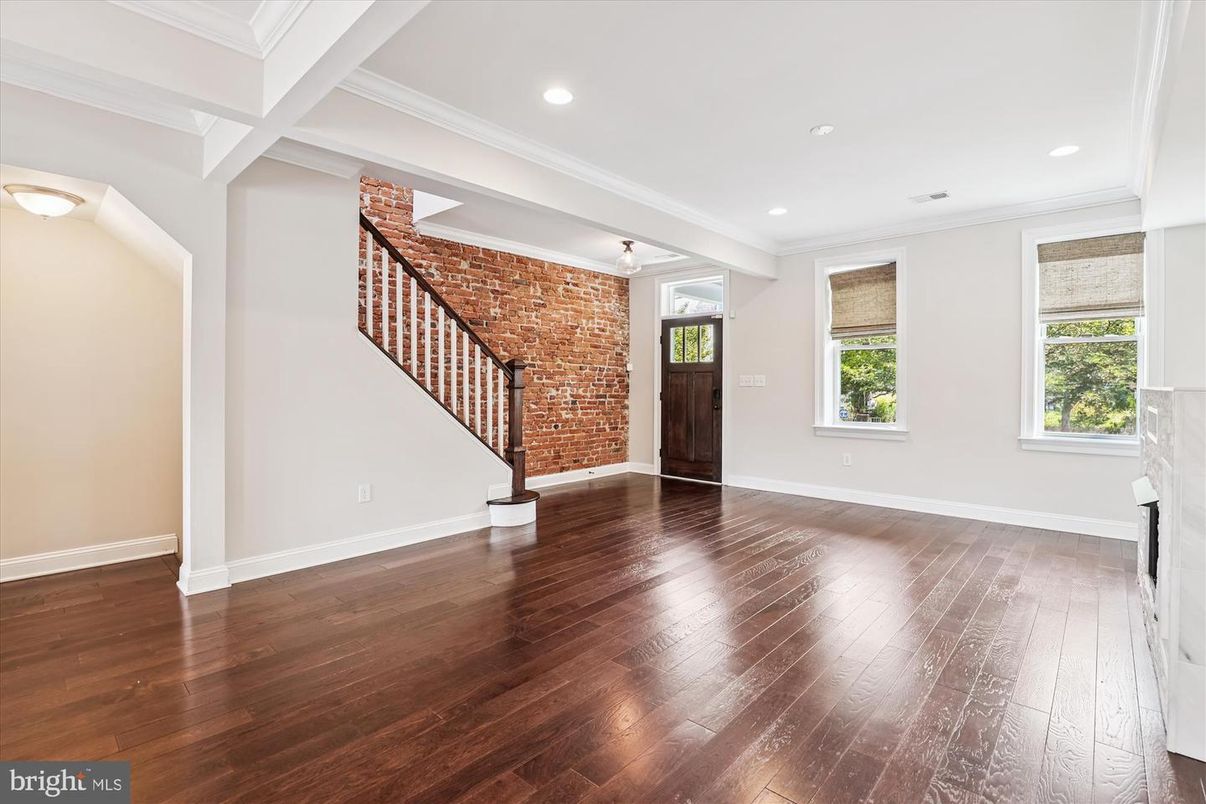 Empty room, Interior, Recessed Lighting, Stone Walls, Wood Texture Flooring