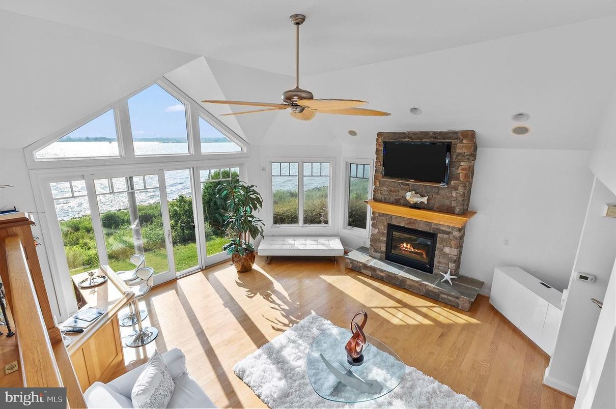 Fireplace, Interior, Living room, Sun Room, Wood Texture Flooring