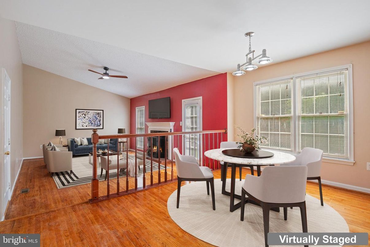 Dining room, Fireplace, Interior, Living room, Pendant Lights, Wood Texture Flooring