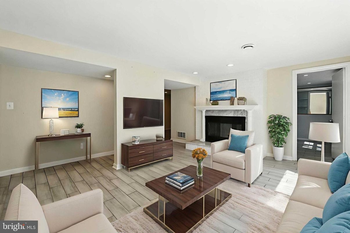 Fireplace, Interior, Living room, Recessed Lighting, Wood Texture Flooring