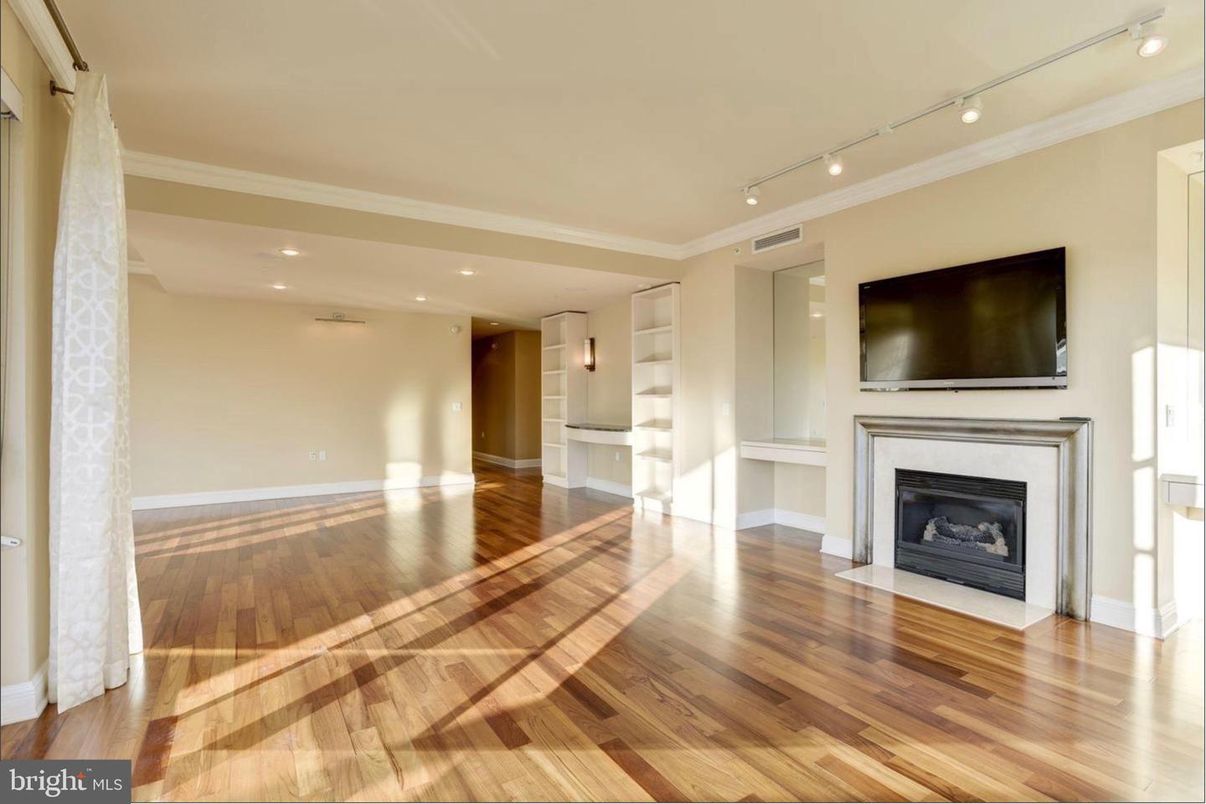 Empty room, Fireplace, Interior, Recessed Lighting, Wood Texture Flooring