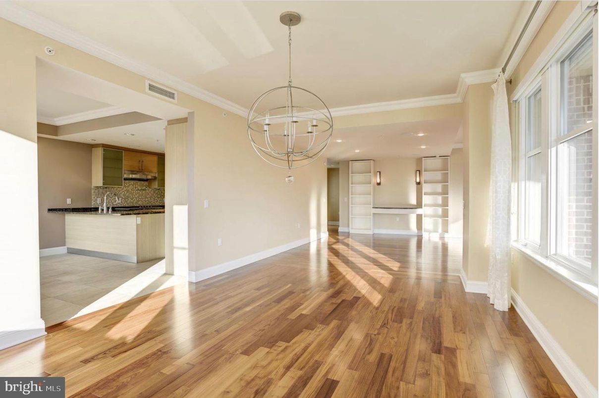 Chandelier, Empty room, Interior, Kitchen, Pendant Lights, Recessed Lighting, Wood Texture Flooring