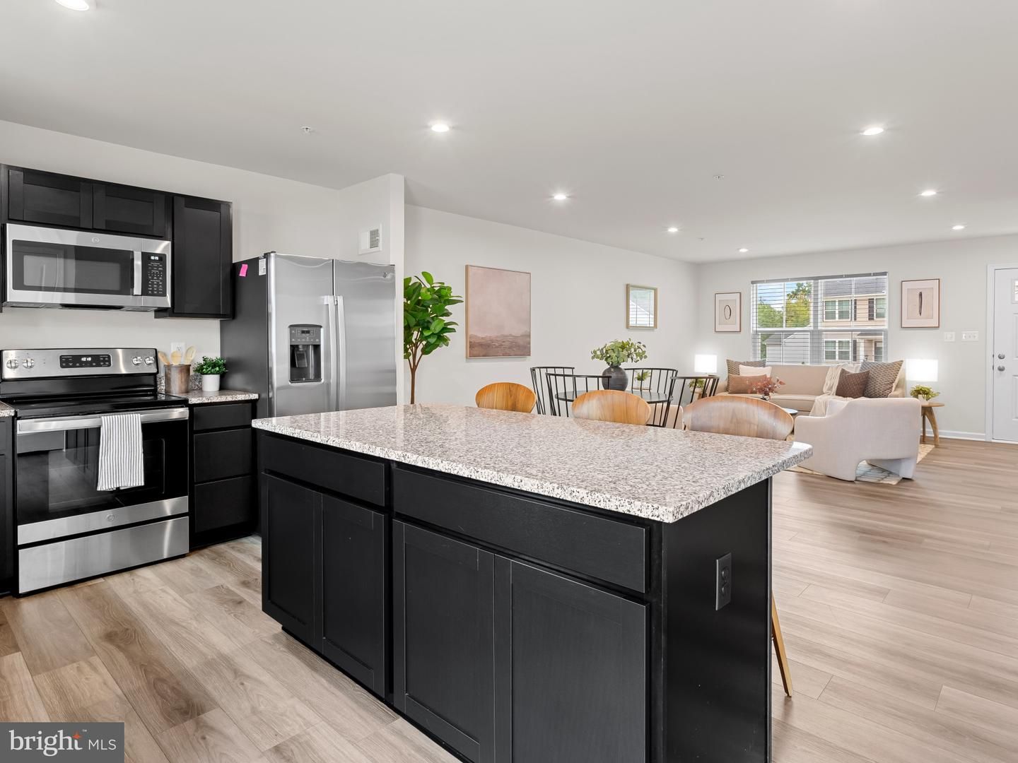 Interior, Kitchen, Living room, Recessed Lighting, Stainless Steel Appliances, Wood Texture Flooring