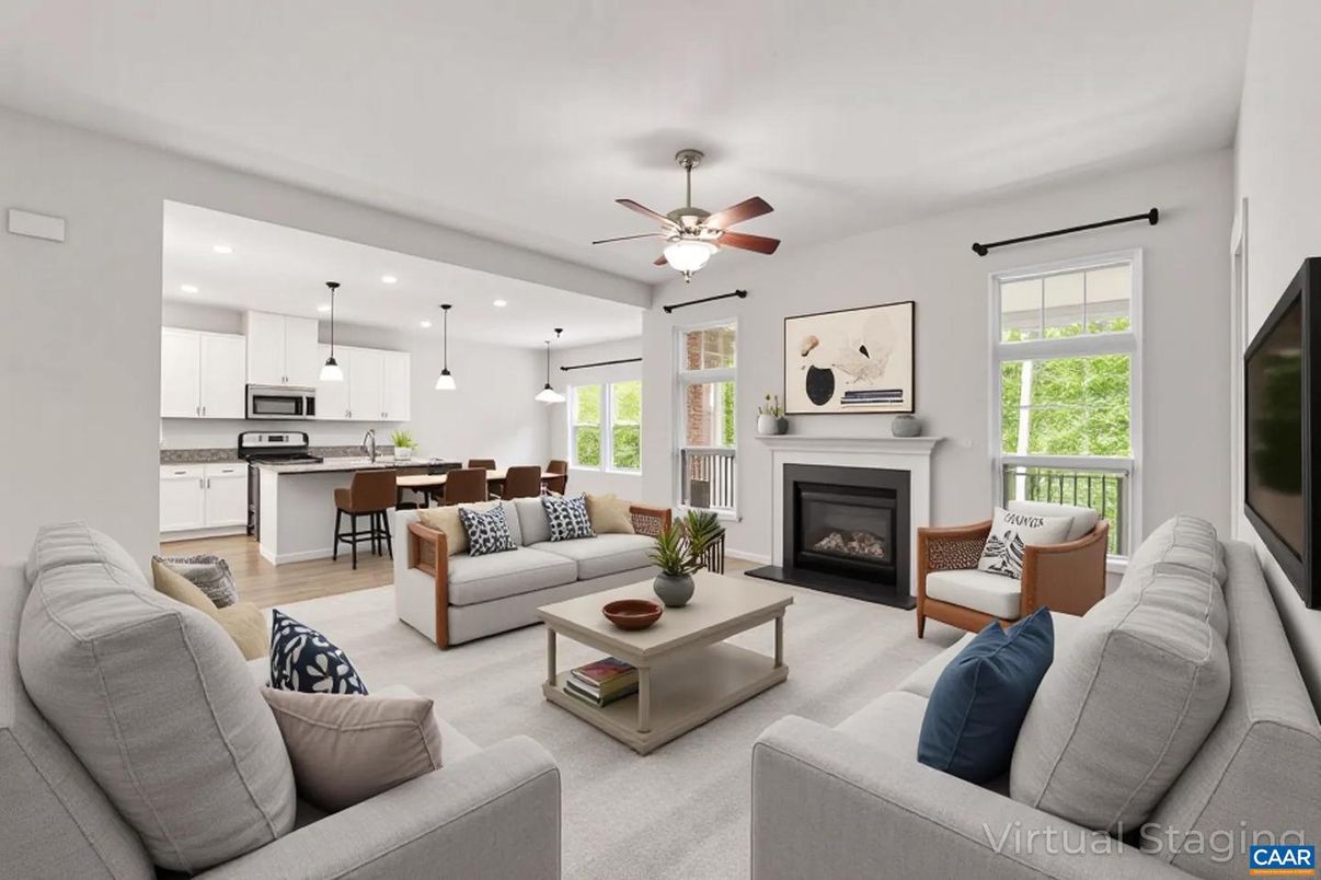 Dining room, Fireplace, Interior, Kitchen, Living room, Pendant Lights, Recessed Lighting, Wood Texture Flooring