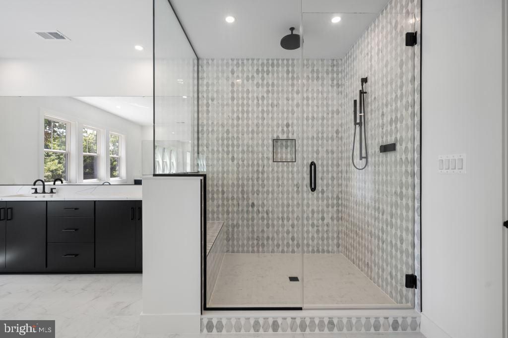 Bathroom, Glass Shower, Interior, Marble, Recessed Lighting