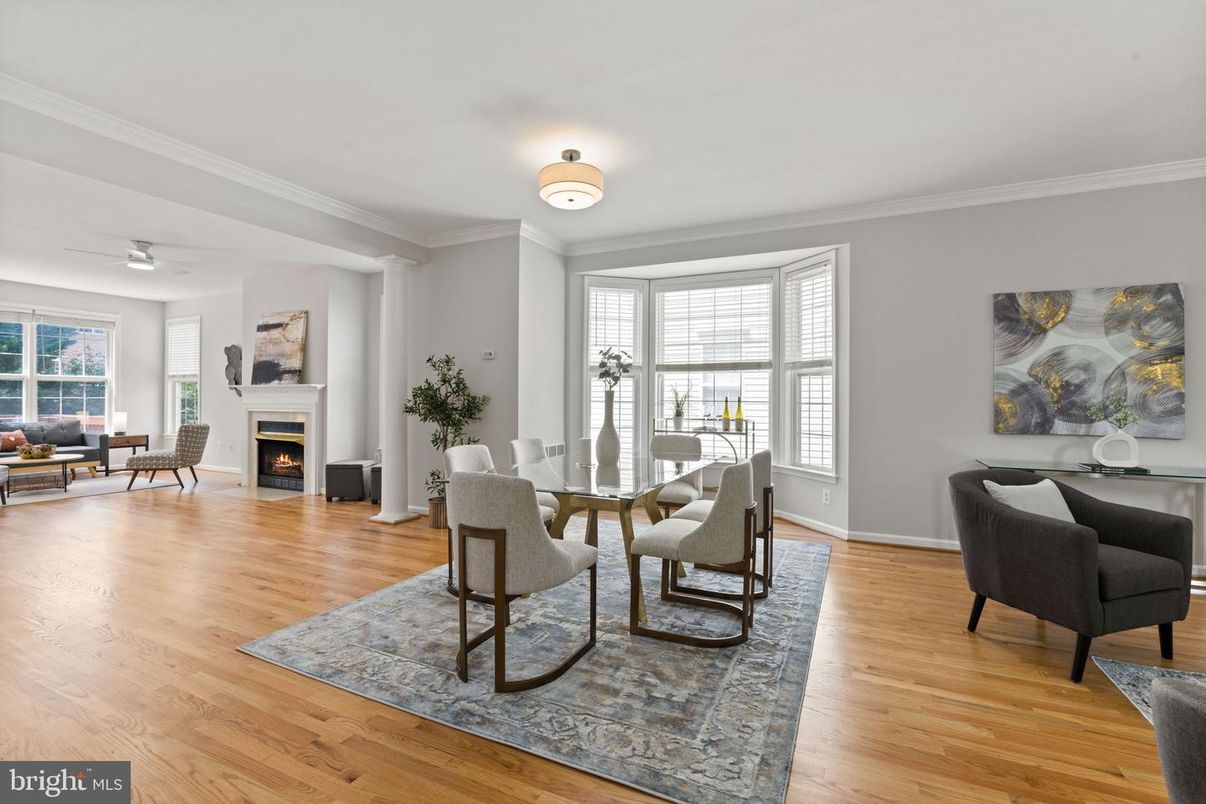 Dining room, Fireplace, Interior, Living room, Wood Texture Flooring