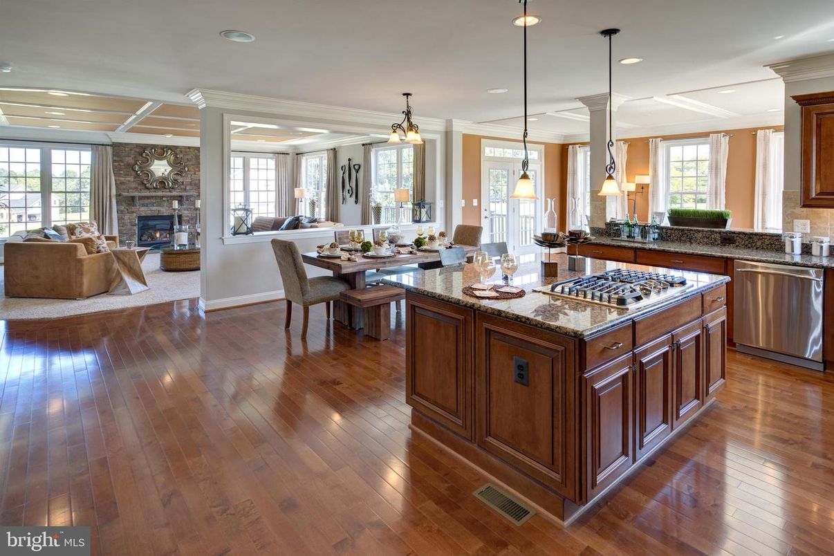 Dining room, Fireplace, Interior, Kitchen, Living room, Pendant Lights, Recessed Lighting, Wood Texture Flooring