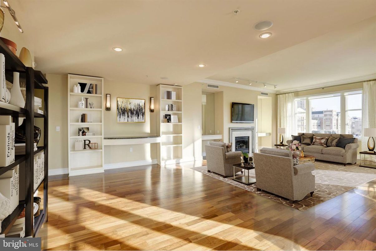 Fireplace, Interior, Living room, Recessed Lighting, Wood Texture Flooring