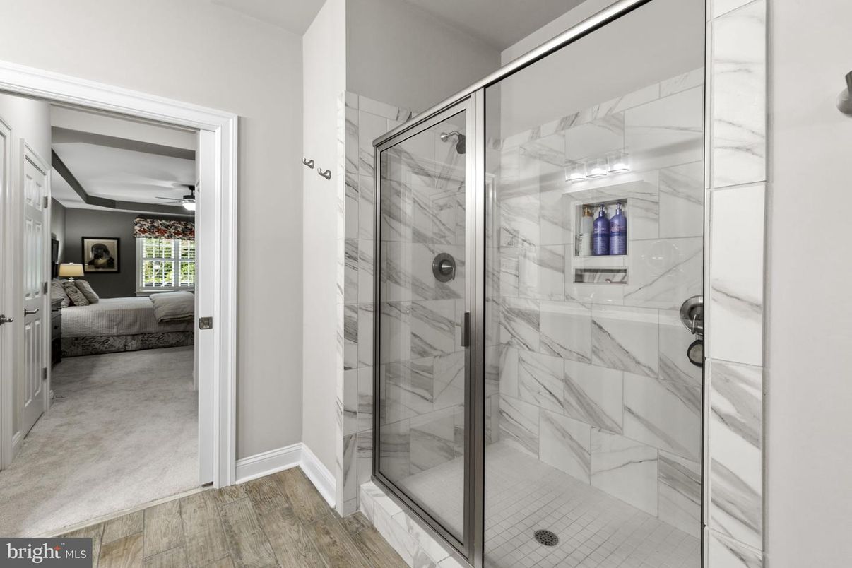 Bathroom, Bedroom, Glass Shower, Interior, Marble Walls, Wood Texture Flooring