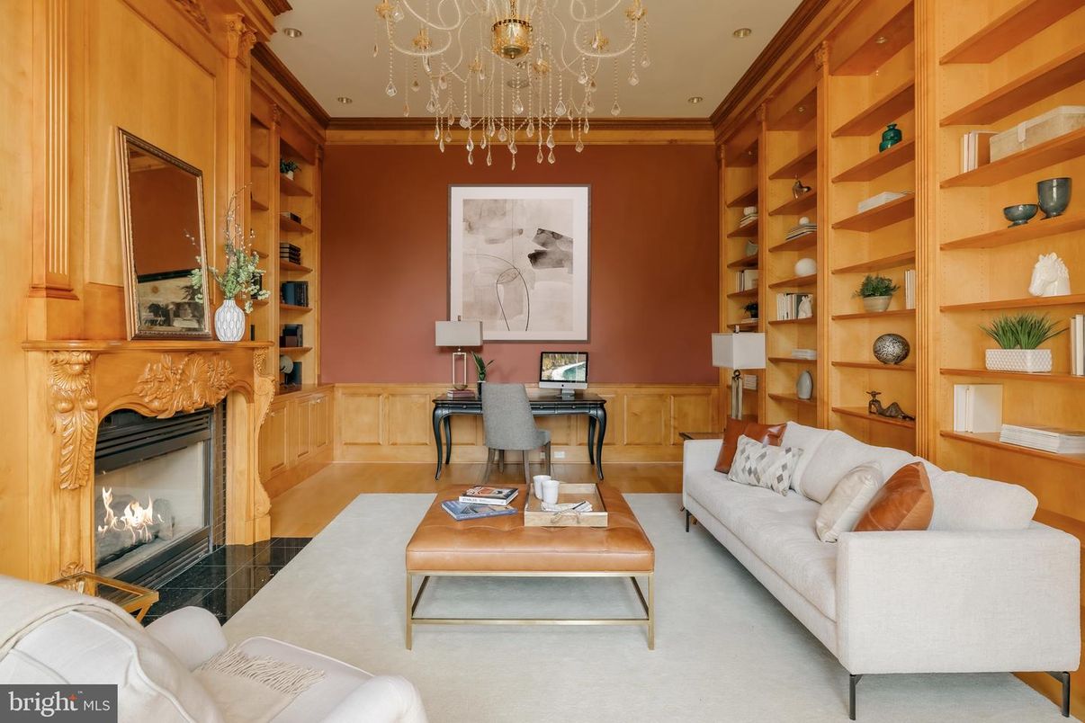 Chandelier, Fireplace, Home Office, Interior, Living room, Recessed Lighting