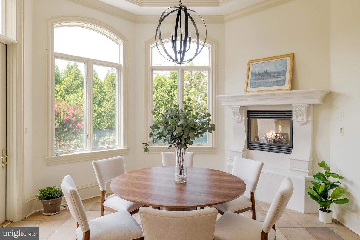 Dining room, Fireplace, Interior, Pendant Lights