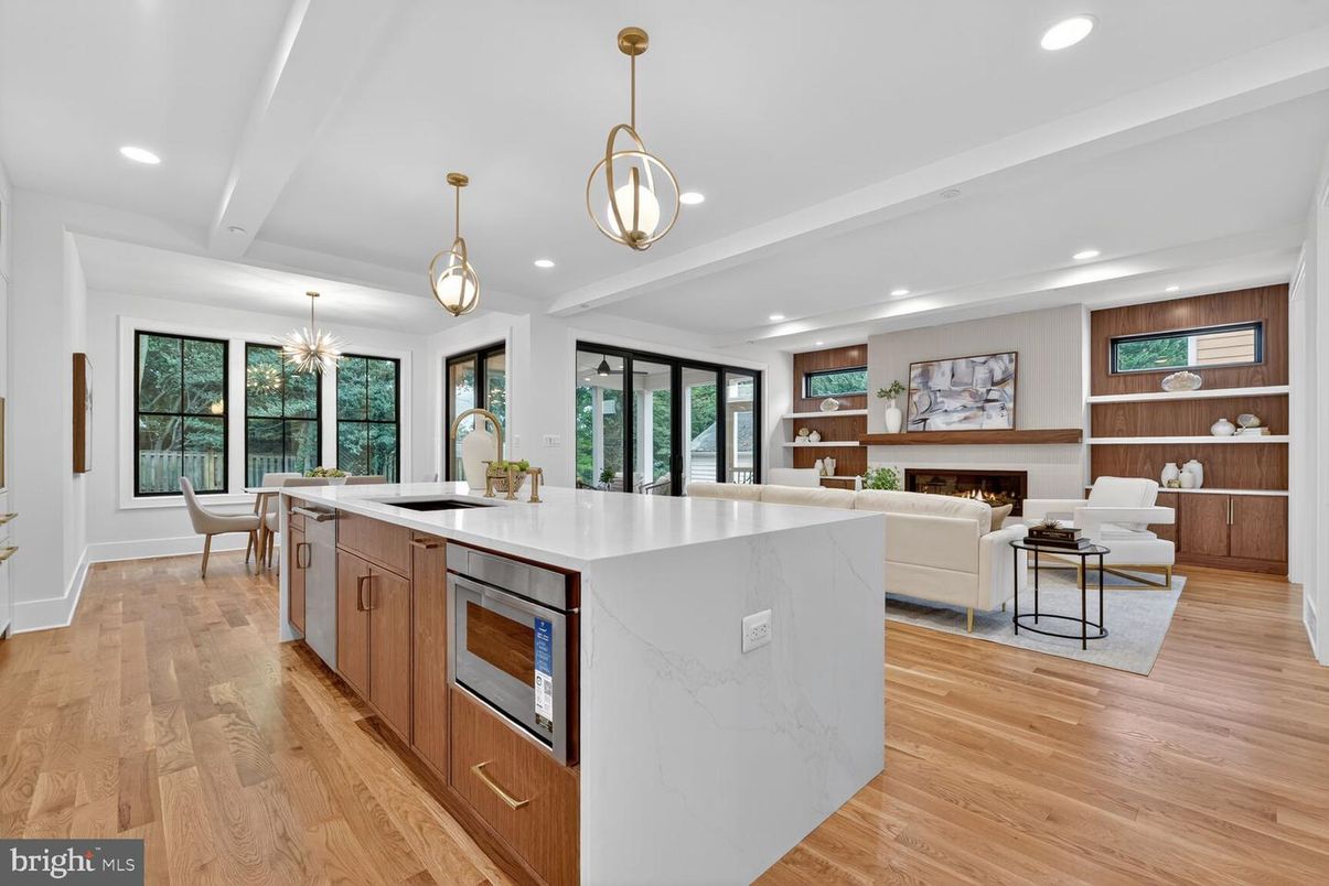 Dining room, Fireplace, Interior, Kitchen, Living room, Pendant Lights, Recessed Lighting, Wood Texture Flooring