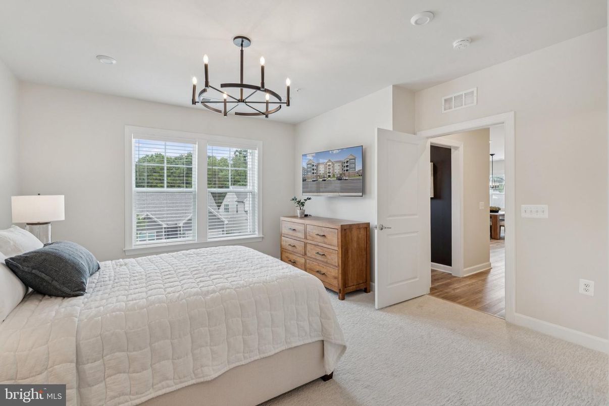 Bedroom, Chandelier, Interior, Recessed Lighting, Wood Texture Flooring