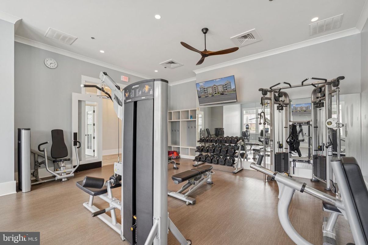 Fitness Equipment, Gym, Interior, Recessed Lighting, Wood Texture Flooring