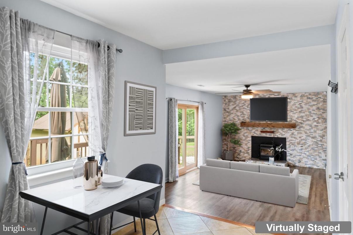 Dining room, Fireplace, Interior, Living room, Stone Walls, Wood Texture Flooring