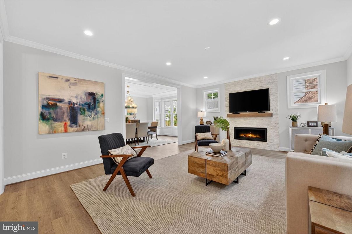 Dining room, Fireplace, Interior, Living room, Pendant Lights, Recessed Lighting, Stone Walls, Wood Texture Flooring