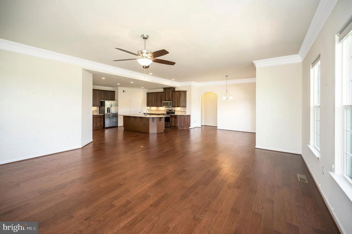 Empty room, Interior, Kitchen, Pendant Lights, Recessed Lighting, Wood Texture Flooring