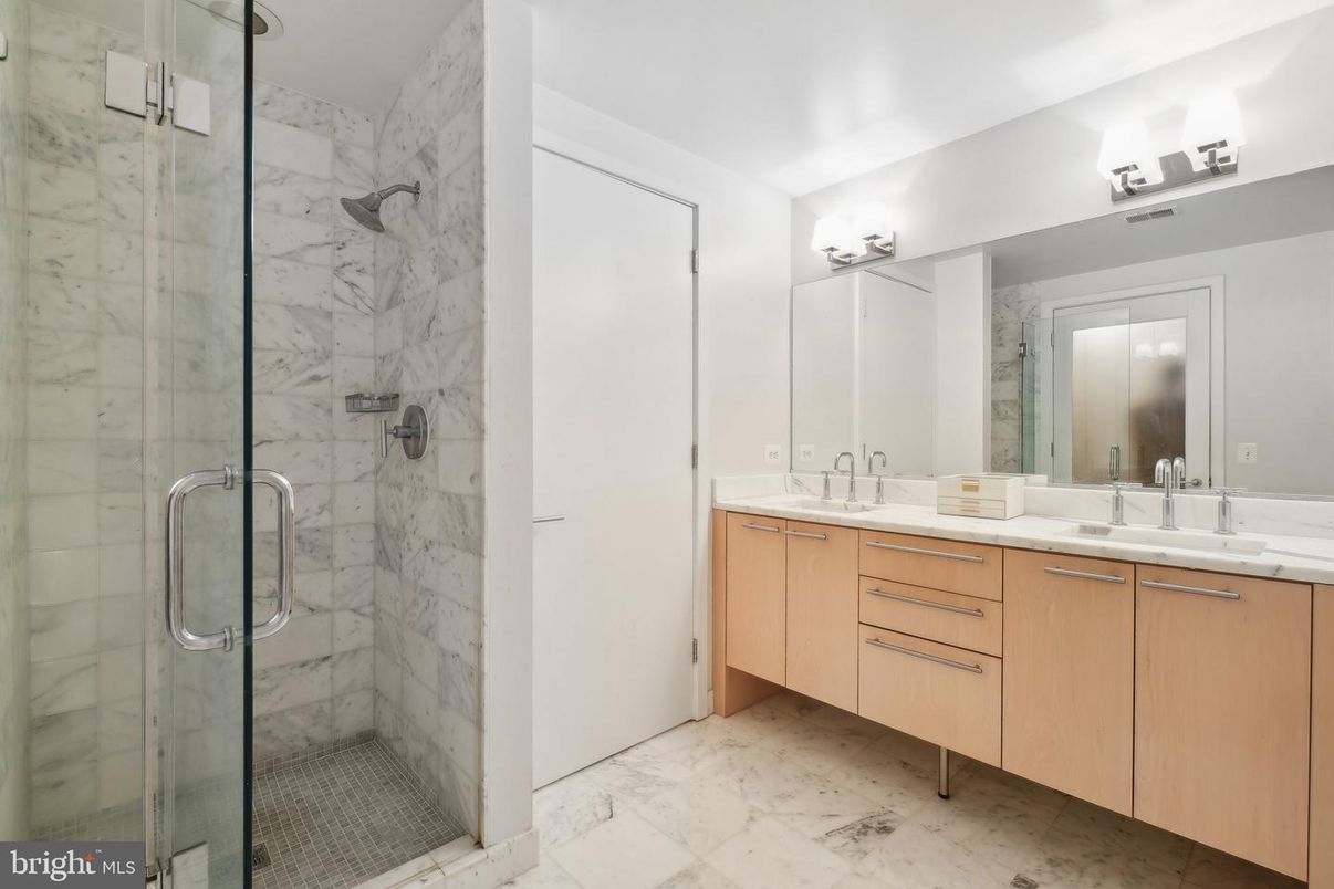 Bathroom, Dual Sink Vanities, Glass Shower, Interior, Marble, Marble Walls