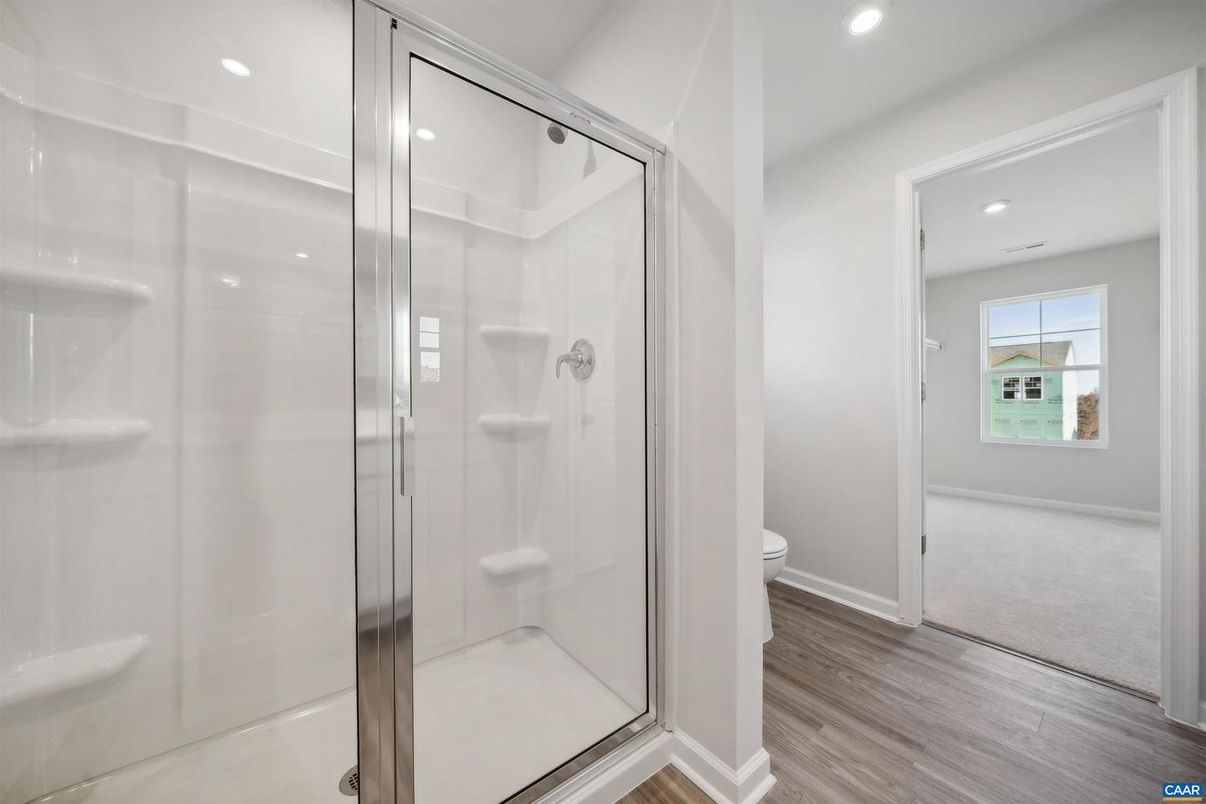 Bathroom, Glass Shower, Interior, Recessed Lighting, Wood Texture Flooring