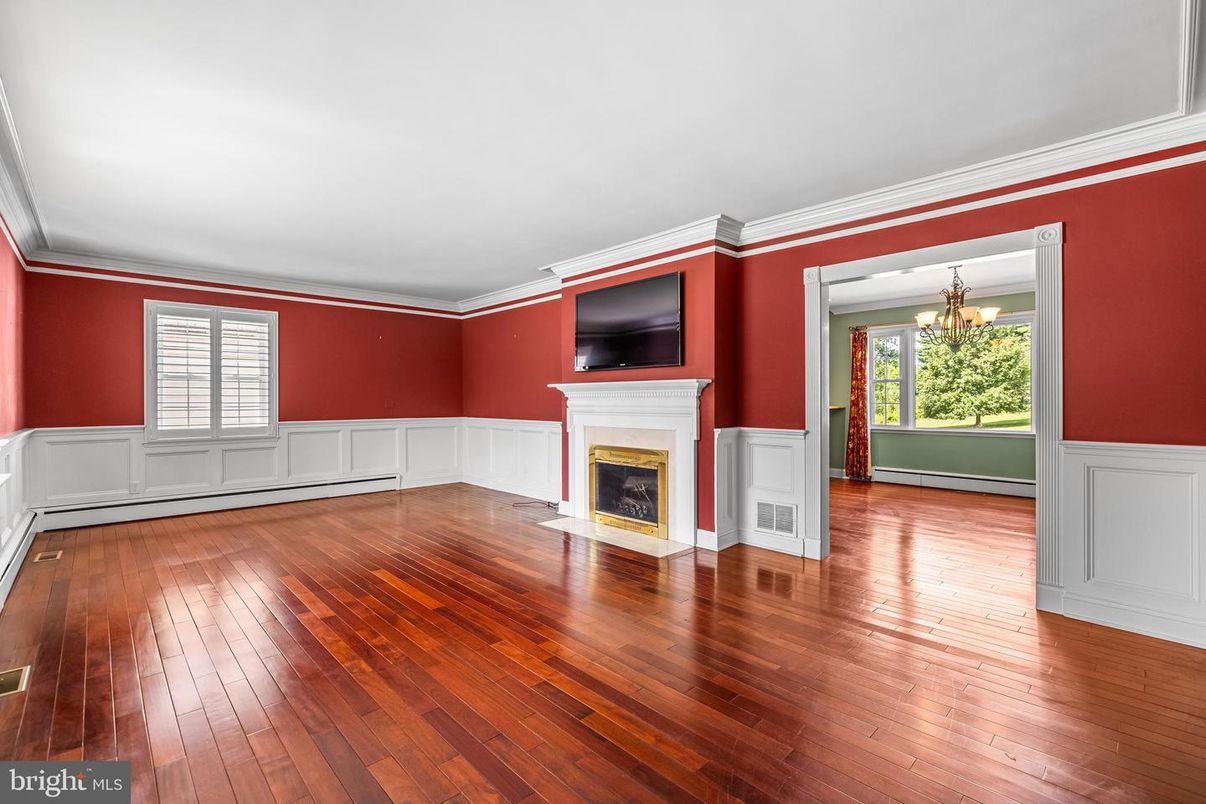 Chandelier, Empty room, Fireplace, Interior, Wood Texture Flooring
