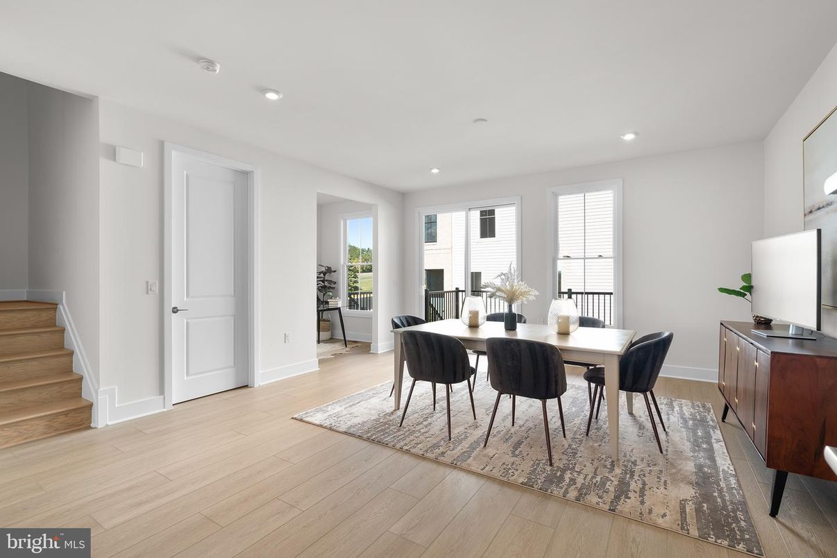 Dining room, Interior, Recessed Lighting, Wood Texture Flooring