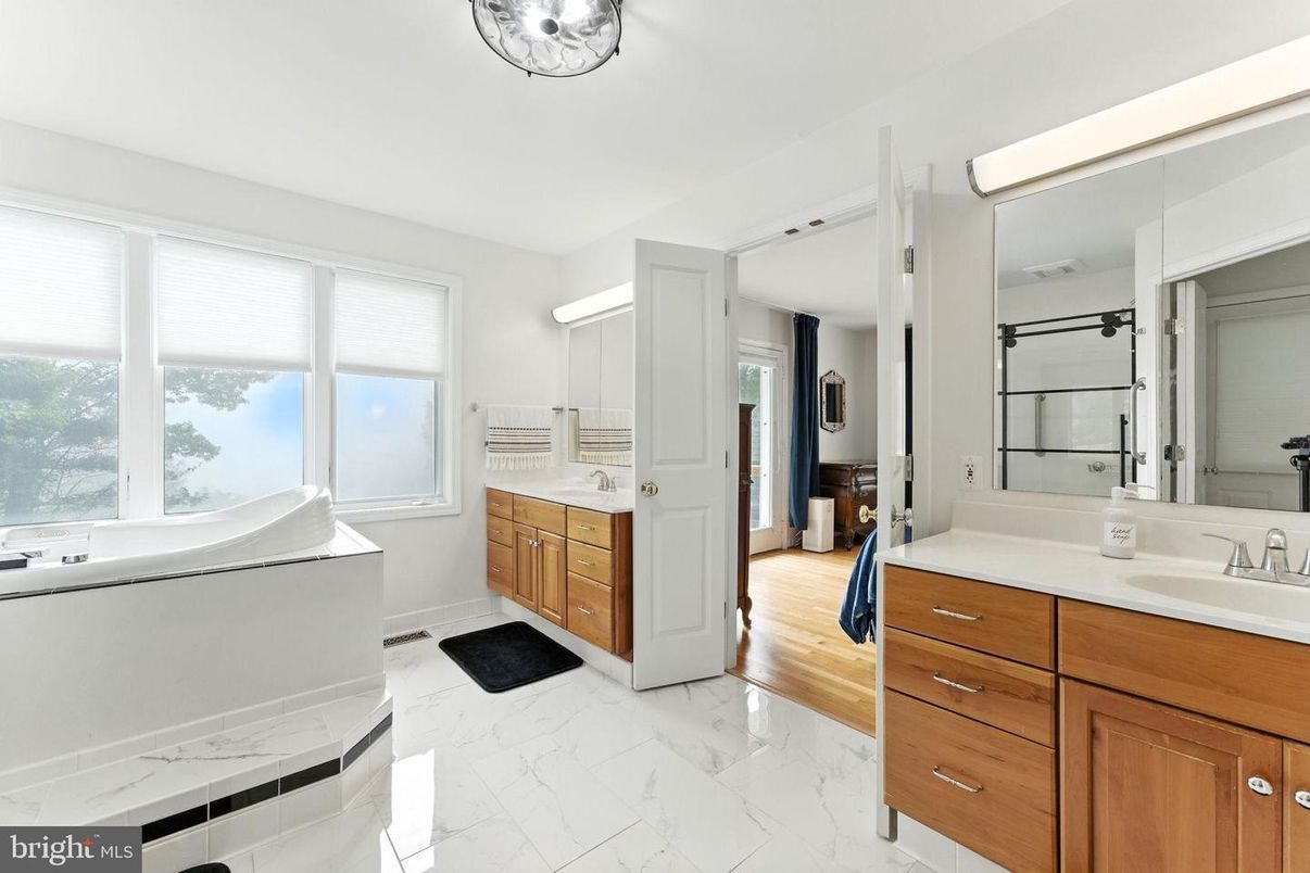 Bathroom, Dual Sink Vanities, Interior, Marble, Wood Texture Flooring