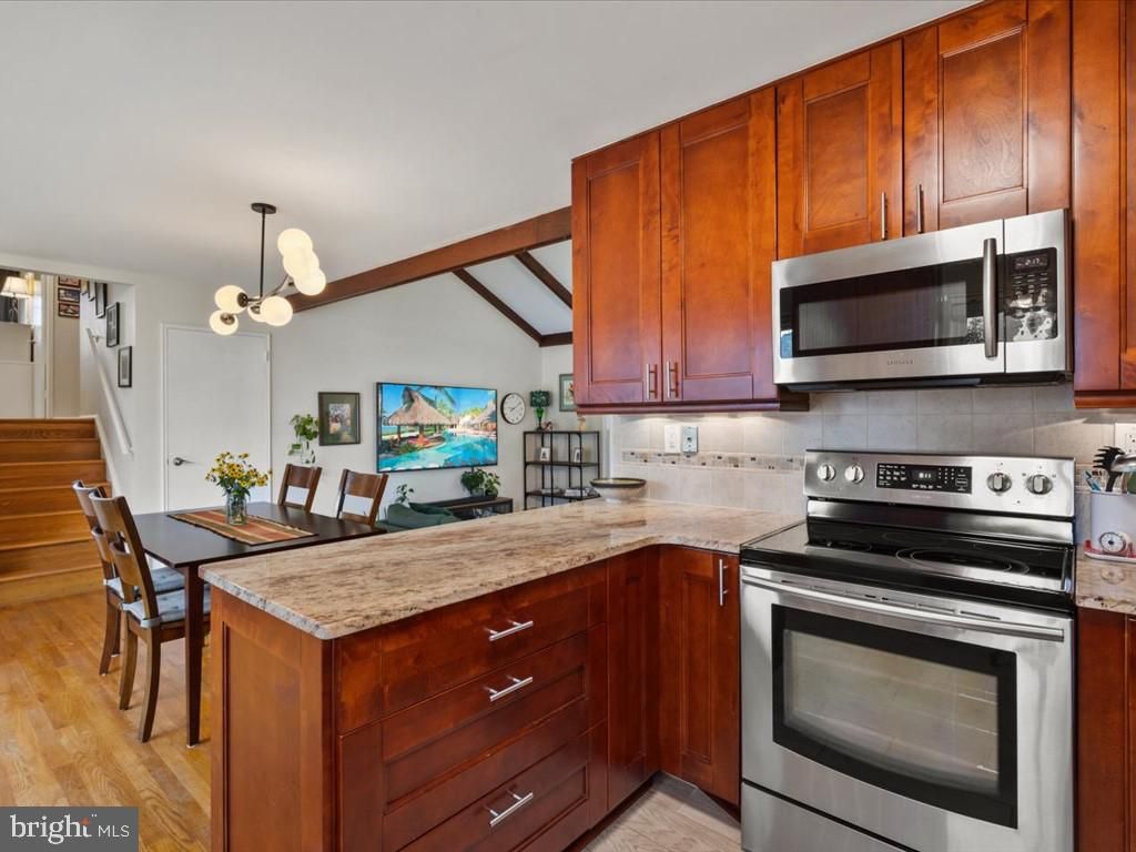 Interior, Kitchen, Pendant Lights, Stainless Steel Appliances, Wood Texture Flooring