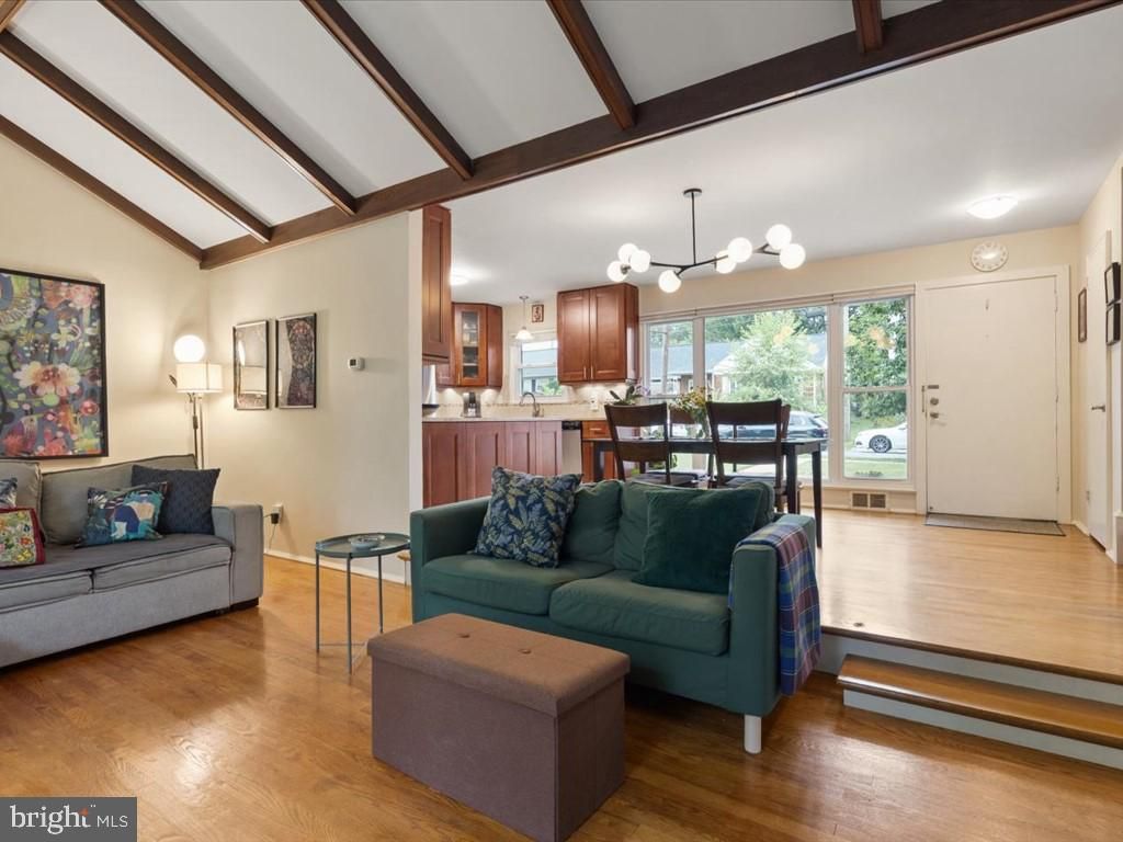 Dining room, Interior, Kitchen, Living room, Pendant Lights, Wooden Beams, Wood Texture Flooring