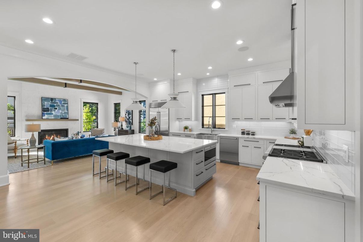 Fireplace, Interior, Kitchen, Living room, Pendant Lights, Recessed Lighting, Wood Texture Flooring