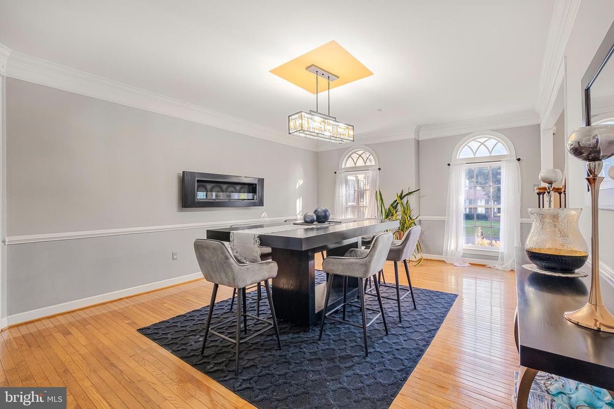 Dining room, Interior, Pendant Lights, Wood Texture Flooring