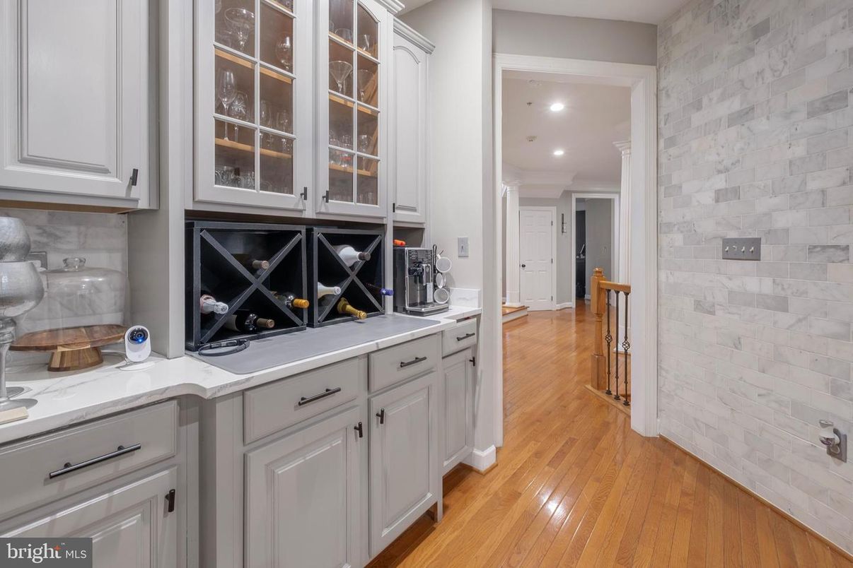 Interior, Kitchen, Recessed Lighting, Stone Walls, Wood Texture Flooring