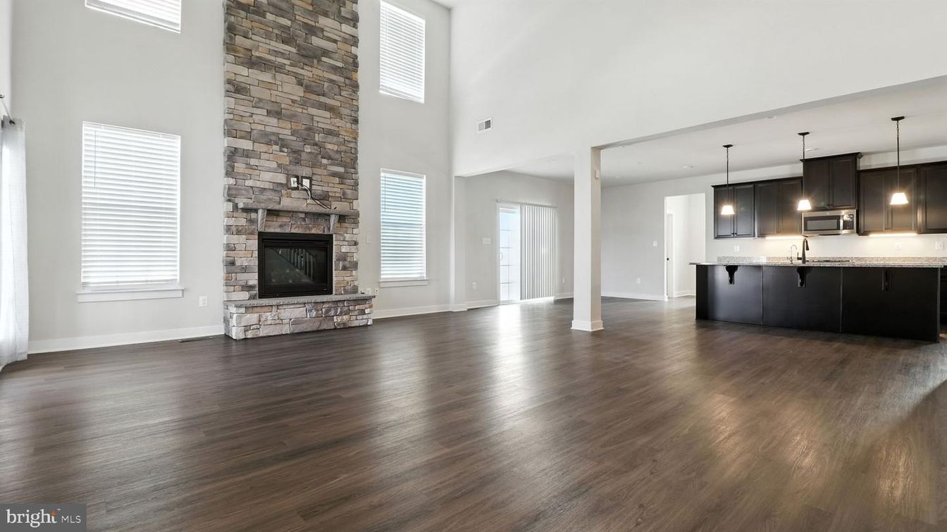 Fireplace, Interior, Kitchen, Pendant Lights, Stone Walls, Wood Texture Flooring