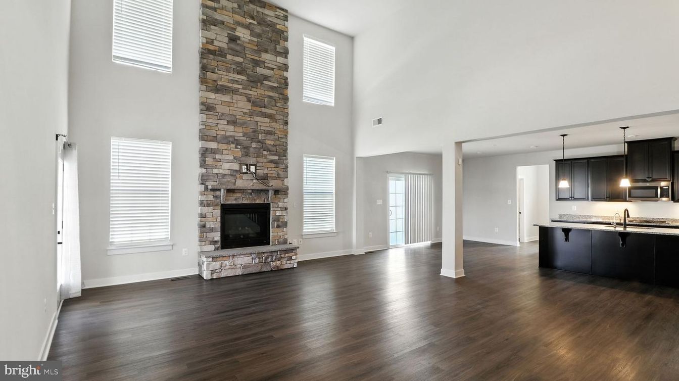 Fireplace, Interior, Kitchen, Pendant Lights, Stone Walls, Wood Texture Flooring