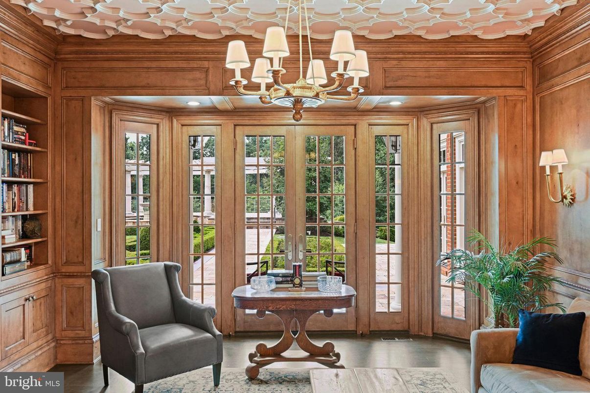 Chandelier, Interior, Recessed Lighting, Wood Texture Flooring, Wooden Walls