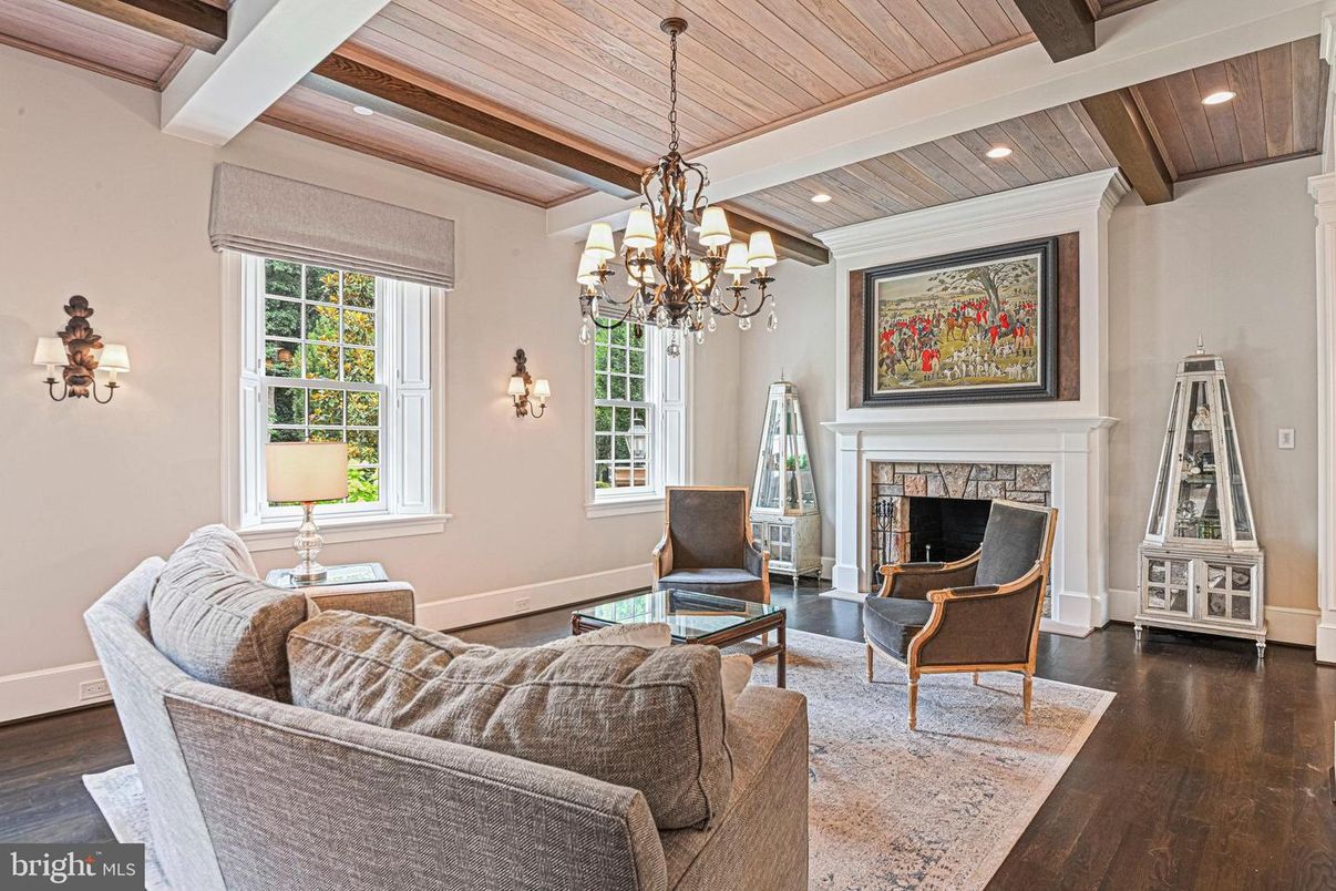 Chandelier, Fireplace, Interior, Living room, Recessed Lighting, Wooden Beams, Wooden Ceilings, Wood Texture Flooring